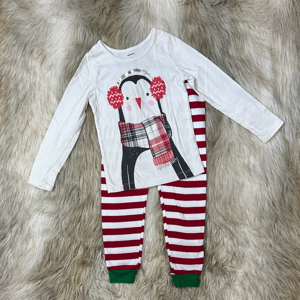 Carter’s Girls Size 4 Christmas Penguin Pajama Set Red White Striped Holiday PJs